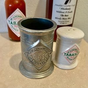 Tabasco pewter holder and Tabasco pepper shaker.